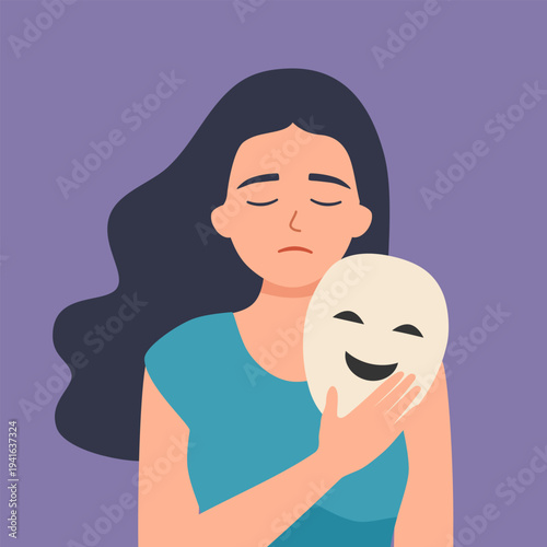 Woman putting on social face mask with fake positive emotion to hide real feelings behind it. Frightened person disguising anxiety.