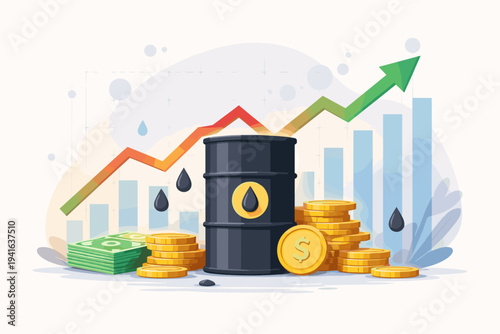 Vector Illustration of a Black Oil Barrel with Stacks of Gold Coins and Dollar Bills Against a Rising Market Price Chart and Green Arrow, Representing Global Petroleum Industry Growth and Economy
