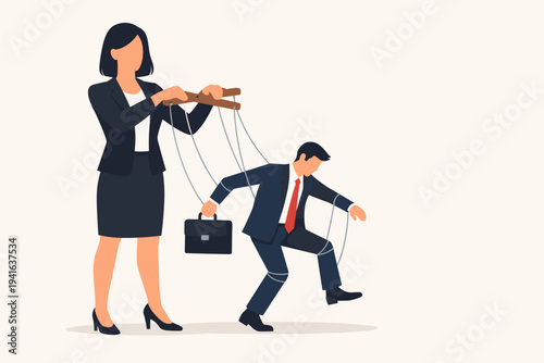 Businesswoman boss manipulating a businessman like a puppet on strings. Concept of corporate control, power dynamics, influence, and hierarchy in the workplace. Flat vector illustration.