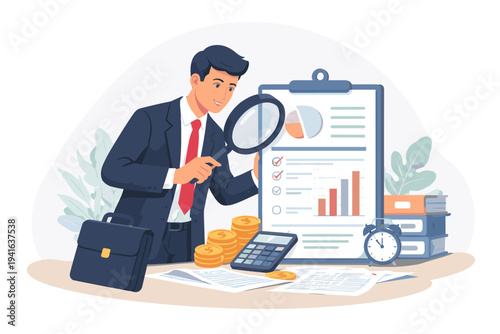 Vector illustration of a professional businessman auditor inspecting financial reports and taxes through a magnifying glass on a desk with coins, calculator, and charts for data analysis.