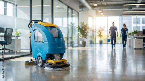 Blue and yellow floor scrubber machine on a clean floor in office and cleaning workers. Banner template for commercial cleaning service and maintenance for corporate workspace with copy space.