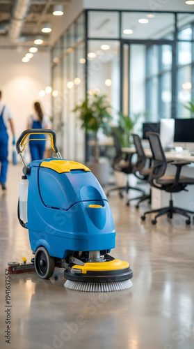 Blue and yellow floor scrubber machine on a clean floor in office and cleaning workers. Vertical template for commercial cleaning service and maintenance for corporate workspace.