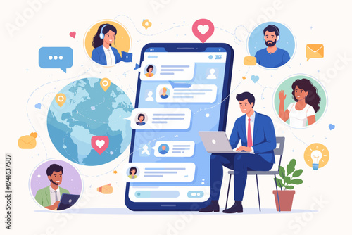 Businessman Working Online on Mobile Social Media Platform Communicating with Global Customers and Remote Team Members via Smartphone App and Laptop in a Modern Digital Networking Concept