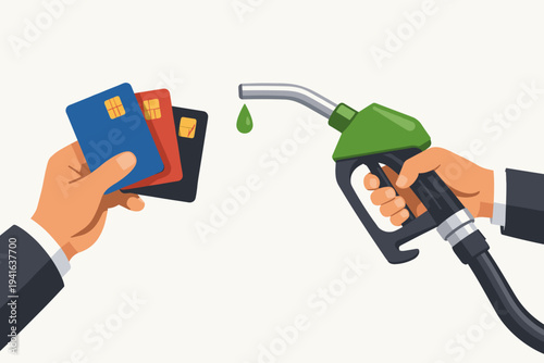 Flat vector illustration of a hand holding credit cards and another hand holding a green fuel nozzle with a drop of gasoline, representing fuel payment, energy costs, and travel expenses.