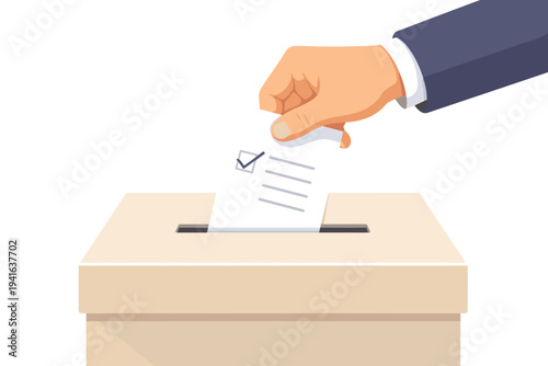 Hand in a Suit Inserting a Ballot Paper with a Checkmark into a Ballot Box, Flat Vector Illustration Representing Voting Process, Democracy, Election, Political Choice, and Civic Duty.