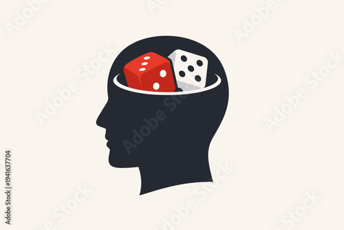 Conceptual Vector Illustration of a Human Head Silhouette with Dice Inside, Representing Gambling Addiction, Risk-Taking, Chance, Decision Making, Mental Health, and Psychology Concepts.