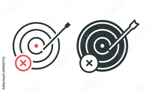 Dartboard with Missed Shot Icon. Failure Target Aim Sign Symbol. Vector Illustration