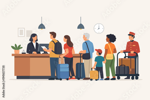 Flat vector illustration of a busy hotel reception desk with a diverse group of travelers waiting in line to check in, featuring a receptionist, bellhop with luggage cart, and suitcases.