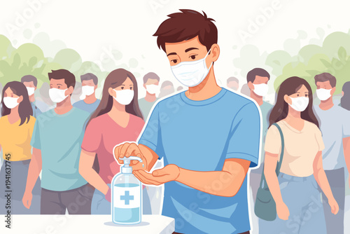 Vector Illustration of a Young Man Wearing a Face Mask and Using Hand Sanitizer in a Crowded Public Space, People in Background Wearing Masks for Health Protection, Hygiene, and Pandemic Safety.