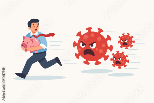 Businessman Running Away from COVID-19 Coronavirus Cells While Holding Piggy Bank Tight, Concept of Financial Crisis, Economic Recession, and Protecting Personal Savings During Global Pandemic