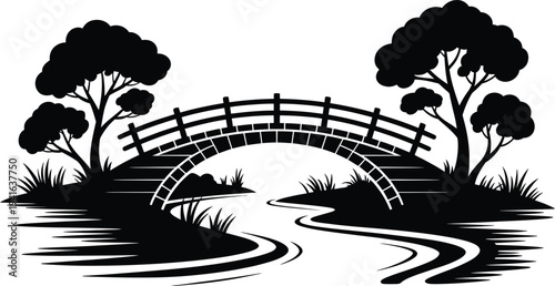 Zen garden bridge silhouette over calm water with trees and grass detailed illustration