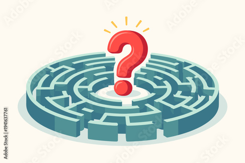 Flat vector illustration of a large red question mark standing in the center of a complex circular blue labyrinth maze, symbolizing confusion, searching for answers, and problem solving.