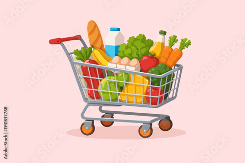 Flat Vector Illustration of a Metal Shopping Cart Overflowing with Fresh Groceries Including Fruits, Vegetables, Bread, Milk, and Eggs Isolated on a Soft Pink Background for Retail and Food Design