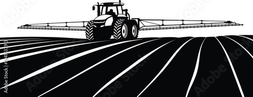 Agricultural tractor spraying field, farm machinery working on cultivated land, black silhouette