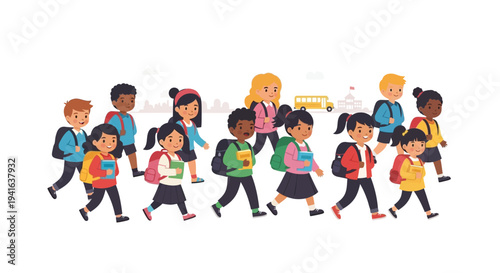 Set of 12 diverse children walking vector illustrations