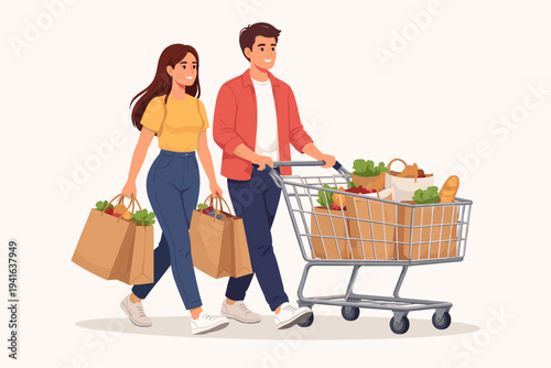 Happy young couple walking together after grocery shopping, man pushing a full metal cart and woman carrying paper bags filled with fresh vegetables and bread, flat vector style illustration.