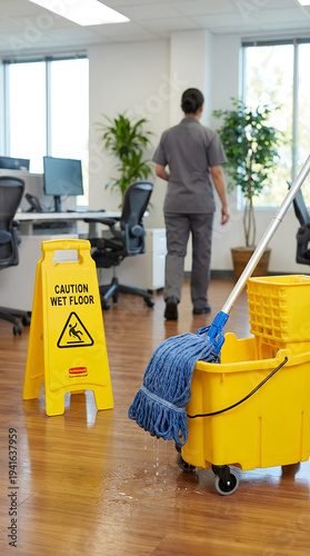 Yellow cleaning bucket, blue mop, caution wet floor sign and professional male cleaner at the office. Vertical template for commercial cleaning service and work concept for business.