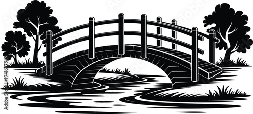 Arch bridge silhouette spanning tranquil water with trees and grass illustration