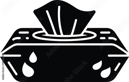 Black silhouette of wet wipes package with open flap and falling water drops