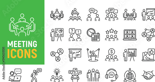 Meeting web icon set in line style. Conference, team, brainstorm, seminar, interview, collection. Vector illustration.