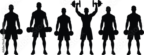 Male fitness athlete silhouettes lifting dumbbells and weights, bodybuilding strength training workout poses isolated vector illustration setMale fitness athlete silhouettes lifting 
