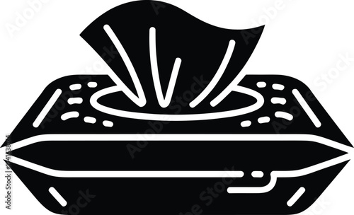 Black silhouette of wet wipes package with open flap and paper on transparent background