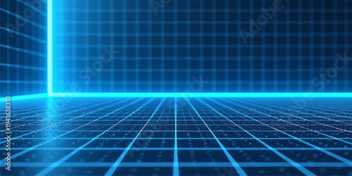 Abstract Grid Horizon: A mesmerizing, futuristic grid of radiant lines, an endless horizon bathed in cool blue hues, offering a sense of technological advancement.