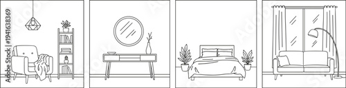 Black-and-white four-panel interior illustration featuring reading nook, console table, bedroom setup, and living room with modern furniture