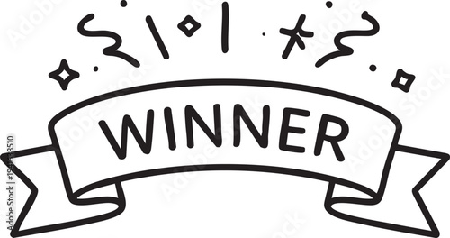 A black and white hand drawn ribbon banner proclaiming winner with scattered stars on transparent background