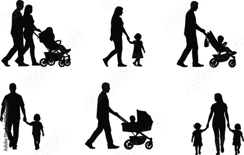 Parents Walking with Children and Baby Stroller Silhouette Set Showing Family Care, Parenthood and Parenting Lifestyle Vector IllustrationParents Walking with Children and Baby