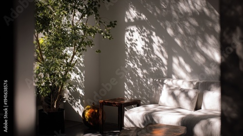Sunlit modern living room interior with leafy shadow patterns and potted tree for interior design and home decor background