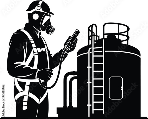 Industrial worker in protective suit and gas mask performing inspection on storage tank