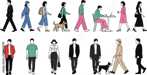 People Walking Characters Collection with Casual Fashion, Office Workers, Students and Dog Walker, Modern Lifestyle Vector Illustration Set