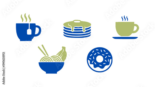 Flat food icons featuring coffee cup, pancakes, noodles bowl, donut, and hot drink.