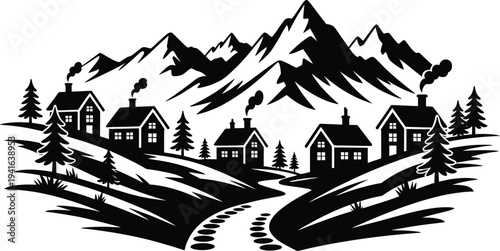 Mountain village landscape with houses and pine trees snowy peaks winter scenic nature scenery