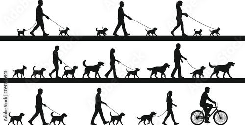 People walking dogs silhouettes set with pet owners strolling with puppies on leash and cyclist passing isolated vector illustration