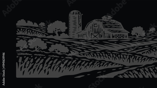 Rustic farmland scenery featuring traditional barn and silo among rolling hills and grain crops