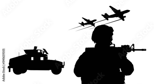 Military Silhouette: Soldier, Humvee, and Jets in Formation