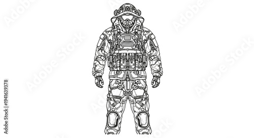 Military Soldier Outline Drawing, Tactical Gear, Combat Uniform, Ready for Action