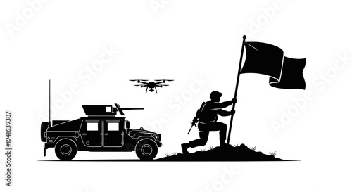 Military Soldier Planting Flag with Humvee and Drone - Victory and Modern Warfare Concept