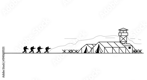 Military soldiers patrol near a base camp with tents and watchtower