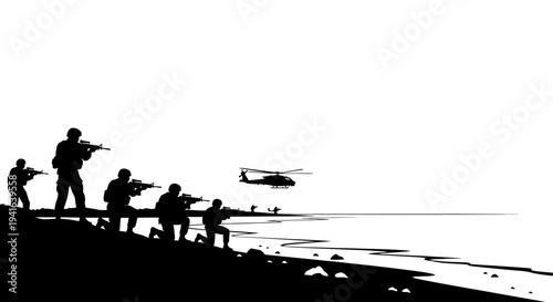 Military Soldiers Landing on Beach with Helicopter Overhead