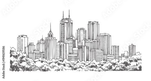 Hand drawn of a dense city skyline with trees in the foreground urban architecture