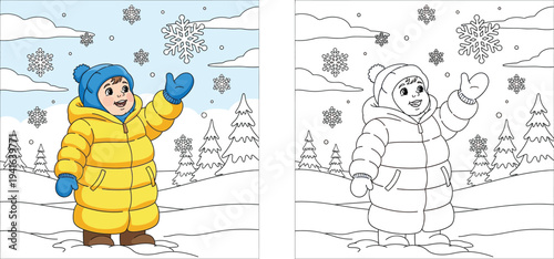 Cute cartoon child in yellow winter coat catching snowflakes, happy toddler boy playing outdoors in snowy forest, vector illustration of winter season fun.