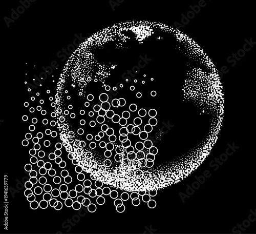 White particle swirl creating bubble ring gradient on black background. Conceptual vector illustration for abstract particles and fluid simulation themes.