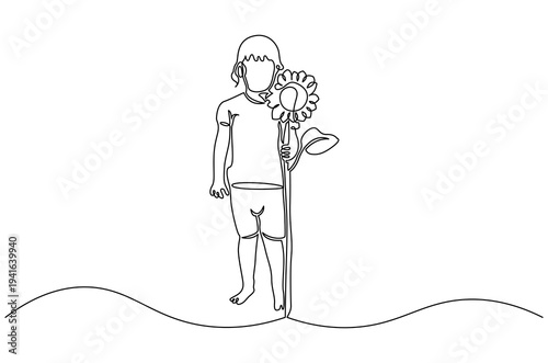 Continuous one line drawing of little baby girl blowing on a flower. Single line drawing illustration of Girl with a bouquet of flower. Spring time concept vector art. Doodle line illustration.