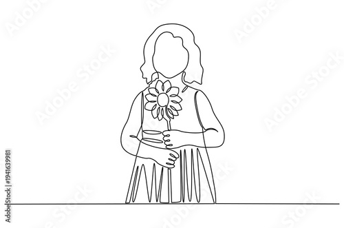Continuous one line drawing of little baby girl blowing on a flower. Single line drawing illustration of Girl with a bouquet of flower. Spring time concept vector art. Doodle line illustration.