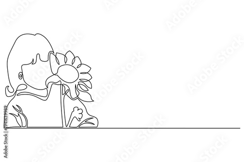 Continuous one line drawing of little baby girl blowing on a flower. Single line drawing illustration of Girl with a bouquet of flower. Spring time concept vector art. Doodle line illustration.