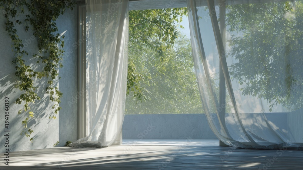 Fototapeta premium Sunlit indoor terrace with sheer curtains and climbing vines for interior design background wellness and relaxation poster template