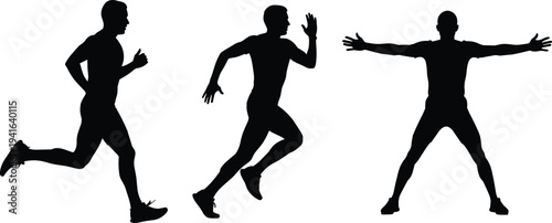 Running Athlete Silhouette Set with Jogging Sprinting and Fitness Exercise Poses, Active Man Sport Training Vector Illustration Isolated